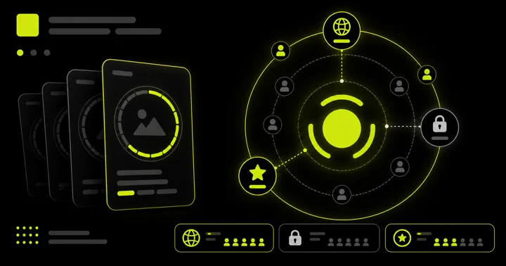 Profil kartı yığını ile ortadaki çizili göz simgesi etrafında dünya, kilit ve yıldız ikonlarının diyagramı